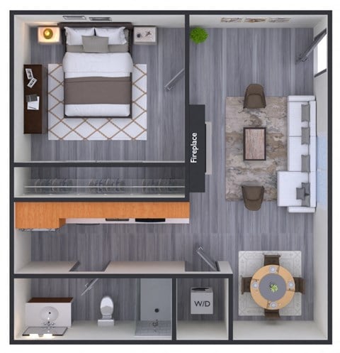 A 3D rendered image of a bedroom with a bed, desk, and fireplace.